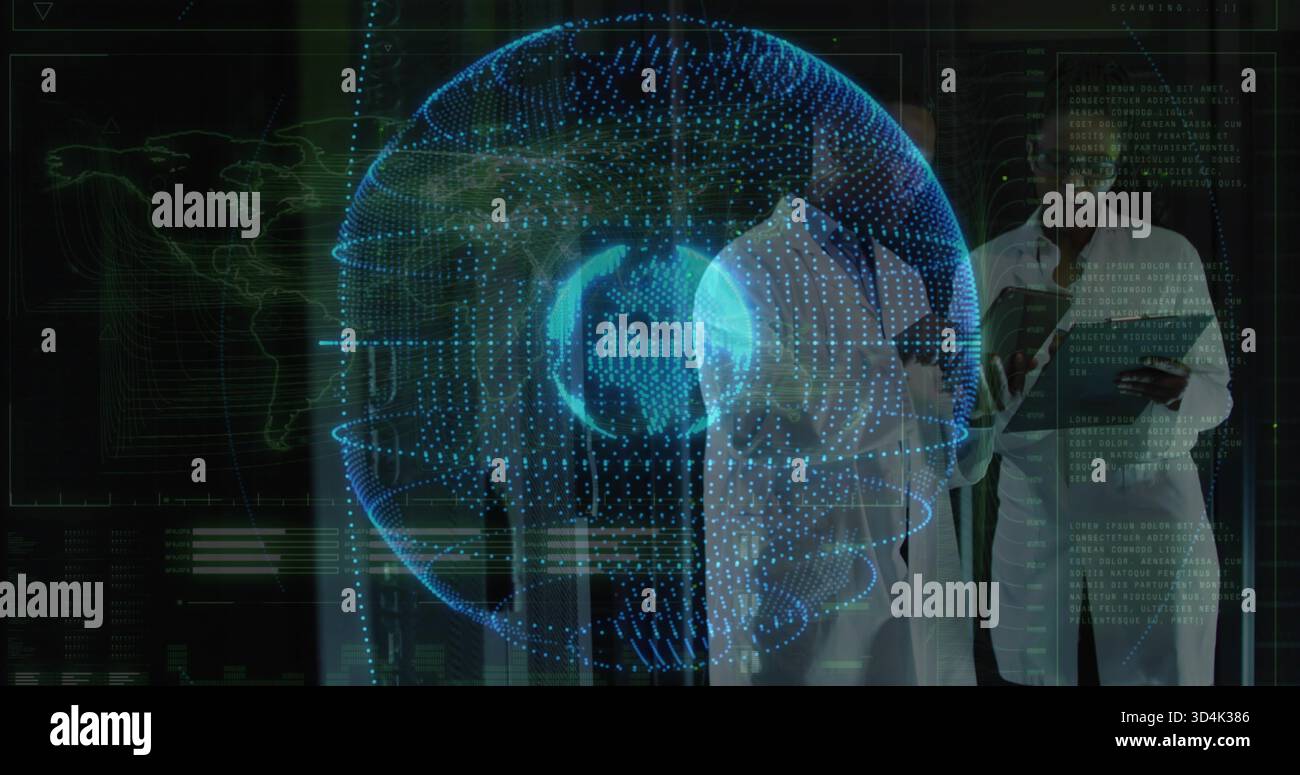 Projecting holographic globe glowing blue in data lab, scientists in ...