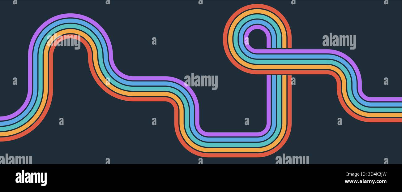 Radiant groovy rainbow lines in starburst perspective. Great for dynamic posters, wallpapers, and summer visuals. Stock Vector