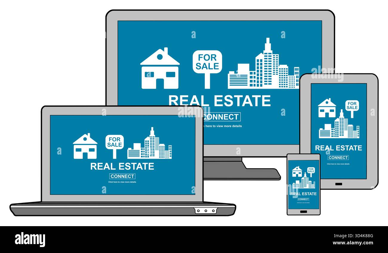 Real estate concept shown on different information technology devices Stock Photo