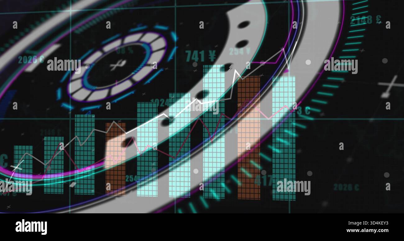 Displaying dashboard on virtual interface, showing translucent stacked bars and white trend line Stock Photo