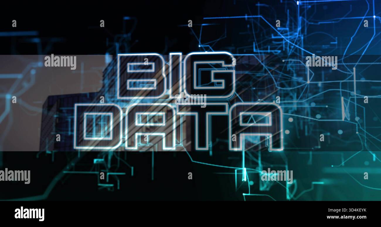 Displaying bold BIG DATA typography dominating virtual tech stage, with glowing circuit lines Stock Photo