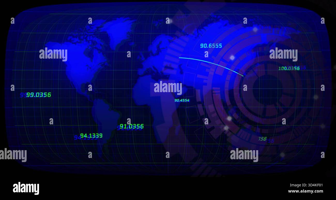 Displaying digital world map overlaying console, showing HUD rings, trajectory, numeric labels Stock Photo
