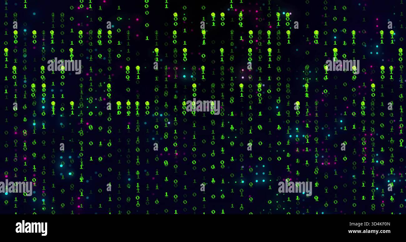 Flowing green binary digits forming vertical code streams in virtual space with cyan magenta specks Stock Photo