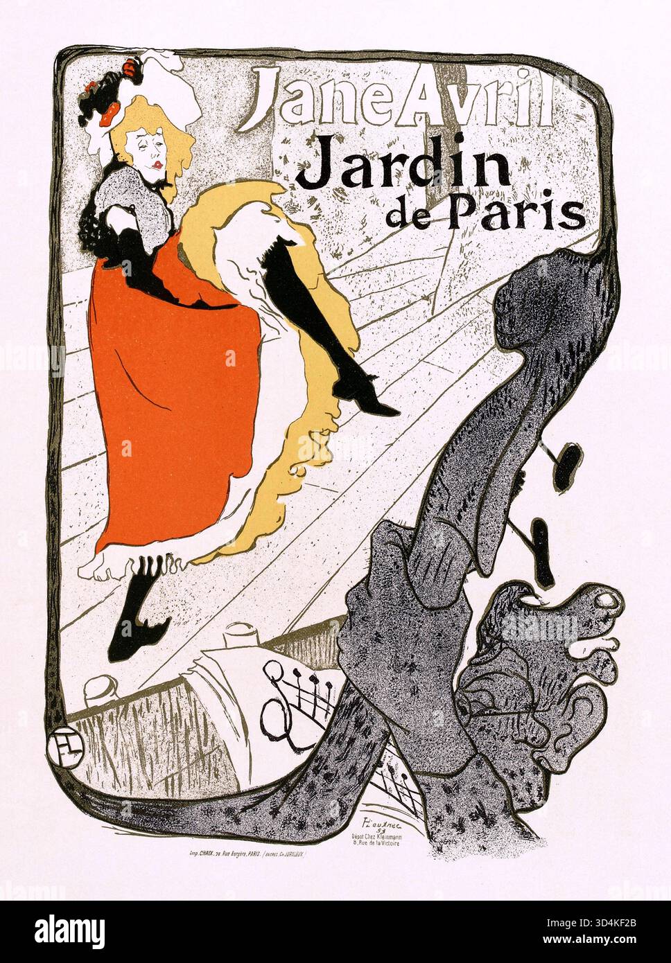 Color lithograph by Henri de Toulouse-Lautrec for the "Jardin de Paris". The poster depicts Jane Avril dancing the can-can. Stock Photo