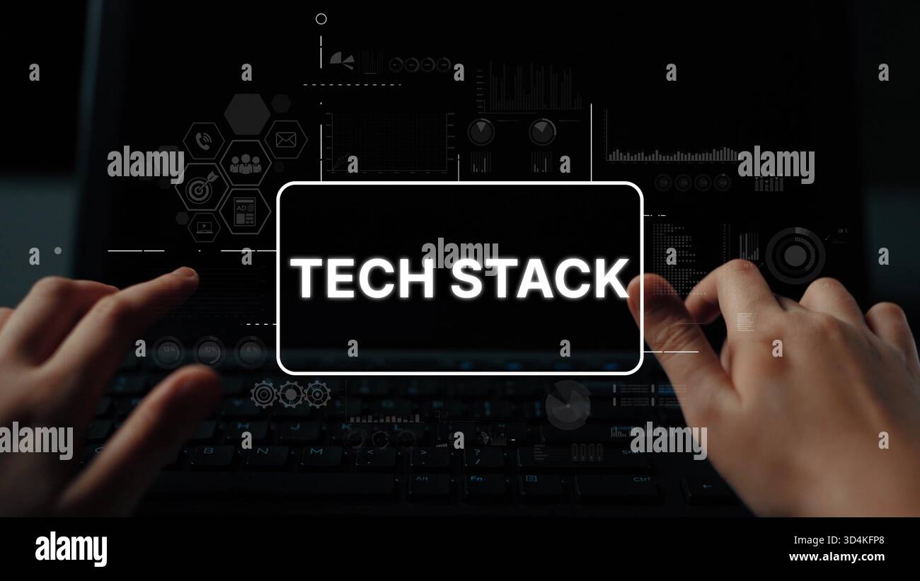 Hands Typing on Laptop with Tech Stack Graphics Displaying Complex Technology Concepts and Data Visualization Elements. Asymptotic smart data analytic Stock Photo