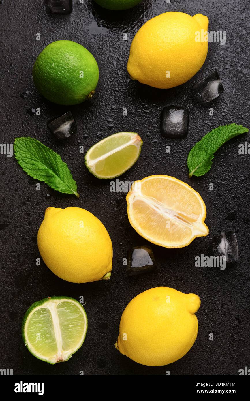Ingredients for preparing lemonade on black background Stock Photo