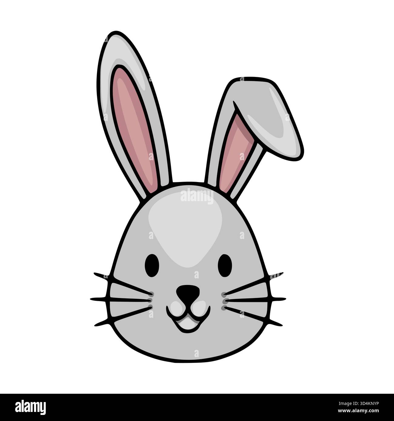 Adorable grey bunny face with long ears and whiskers, a sweet smile, and subtle shading, presented as a simple vector illustration on a clean white ba Stock Vector