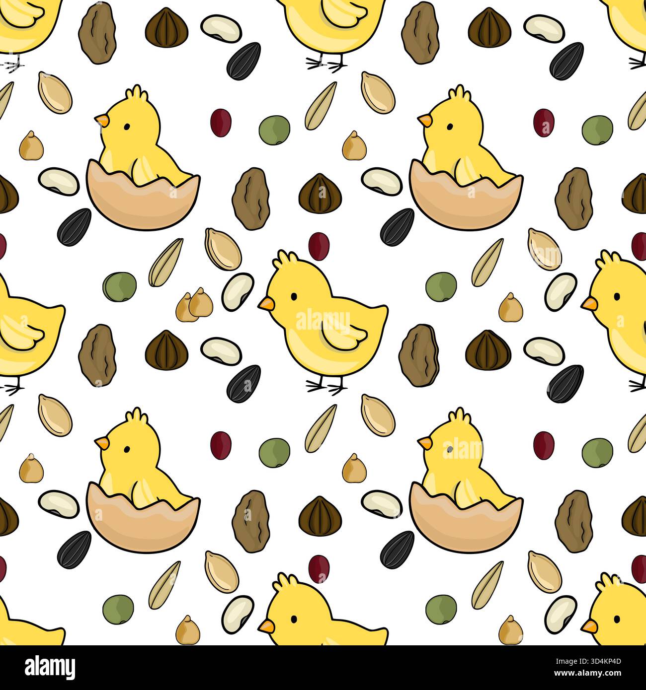 A charming seamless vector pattern featuring adorable yellow chicks hatching from eggs and scattered birdseed. Stock Vector
