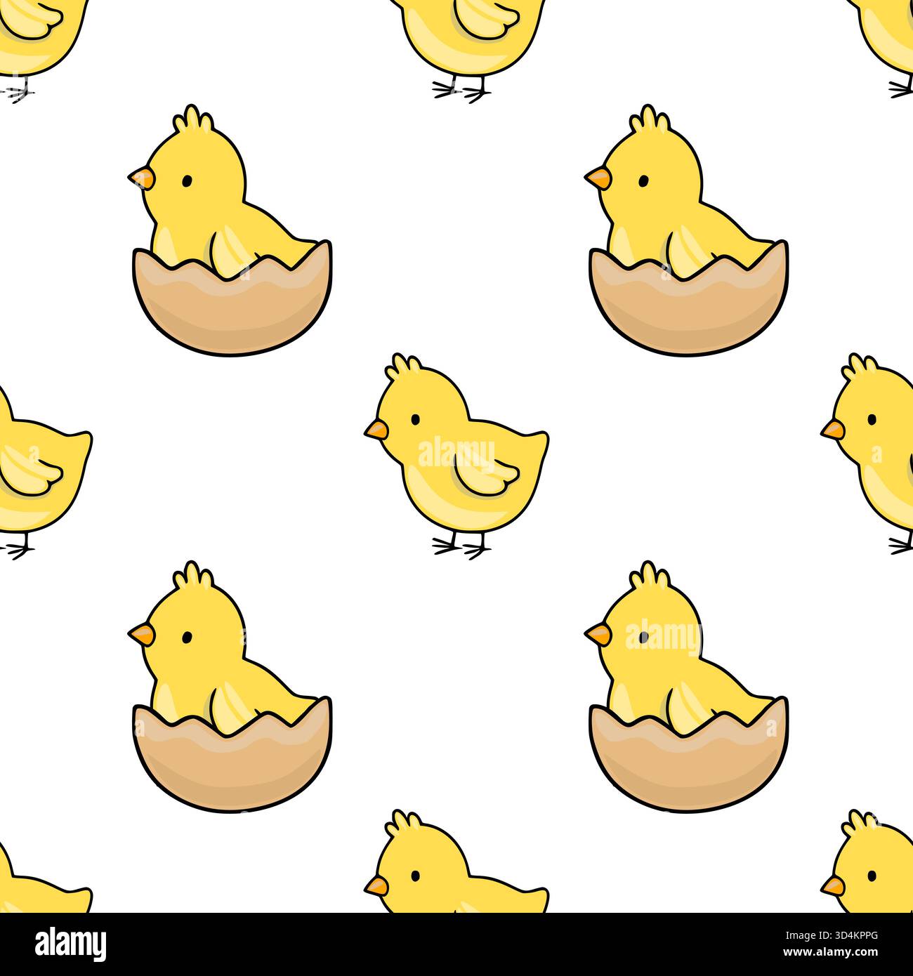 Charming vector pattern featuring adorable yellow chicks hatching from eggshells, perfect for spring and Easter designs. Stock Vector
