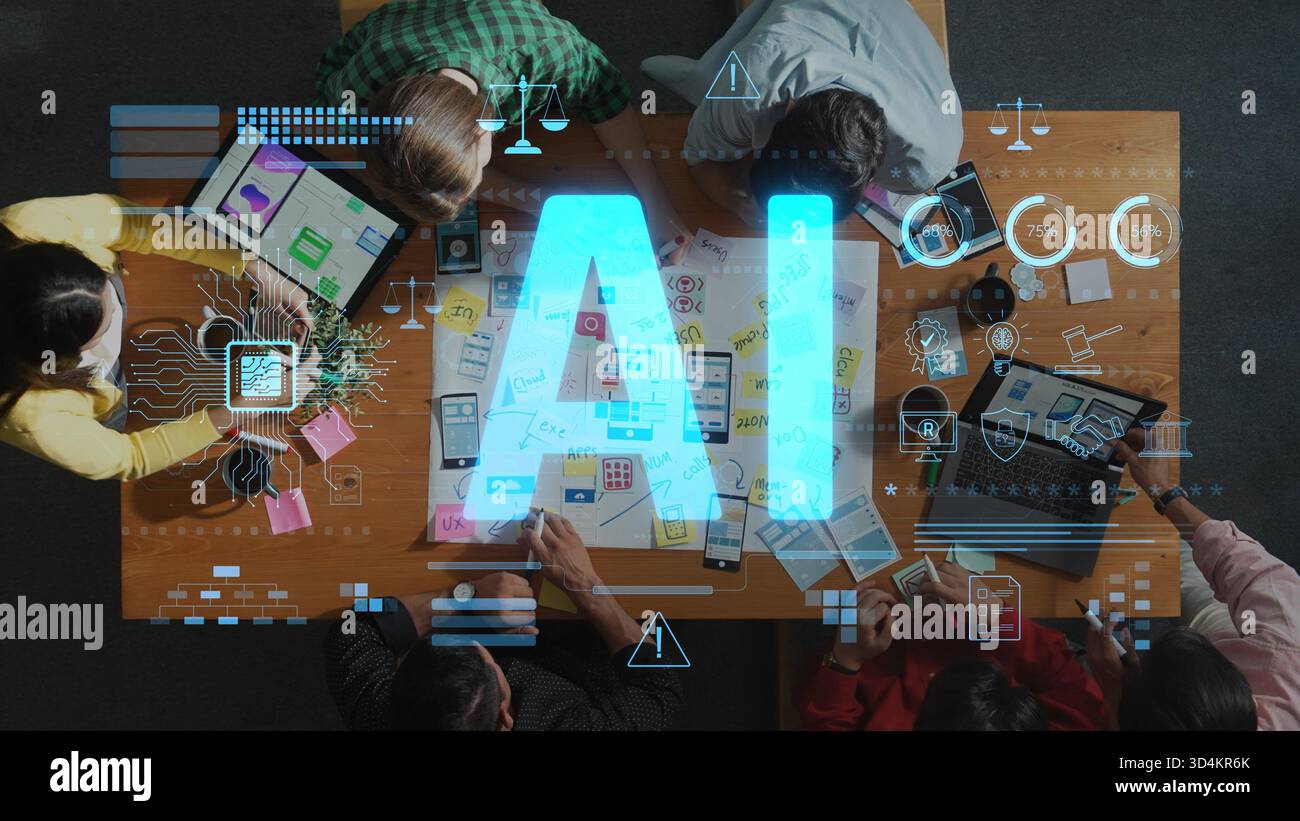 A diverse team collaborates on artificial intelligence concepts at a ...