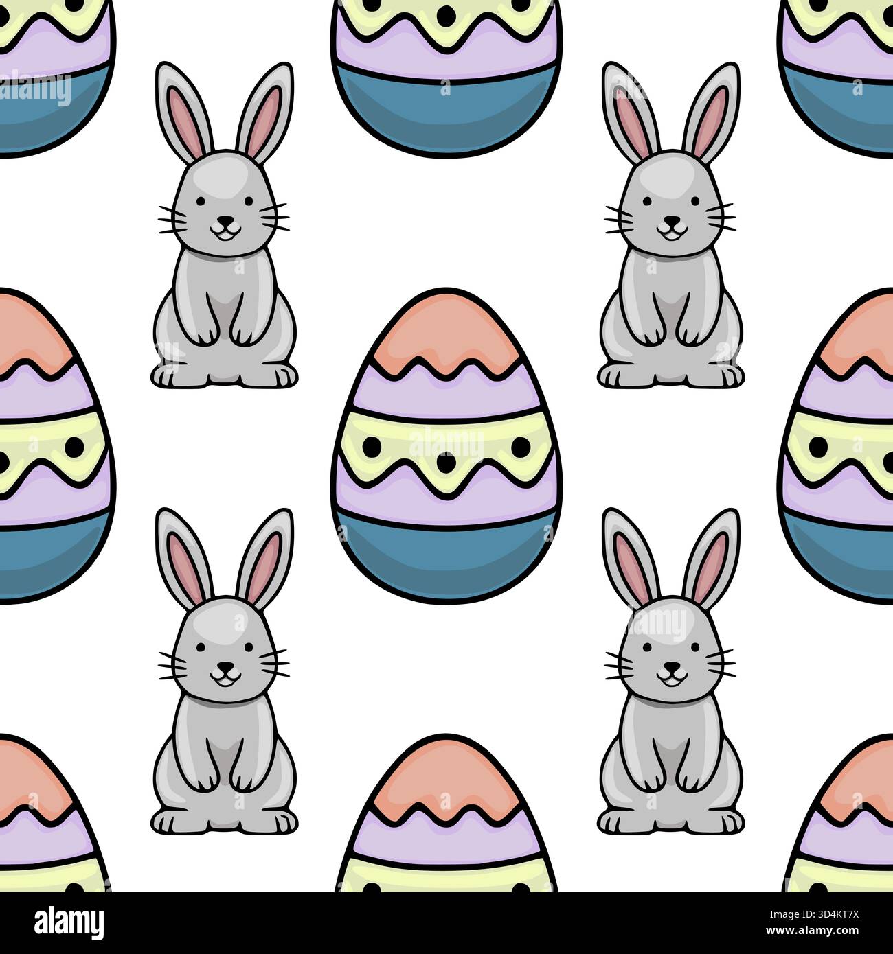 Adorable seamless vector pattern featuring cute grey bunnies and brightly colored, wavy-patterned Easter eggs on a clean white background. Stock Vector