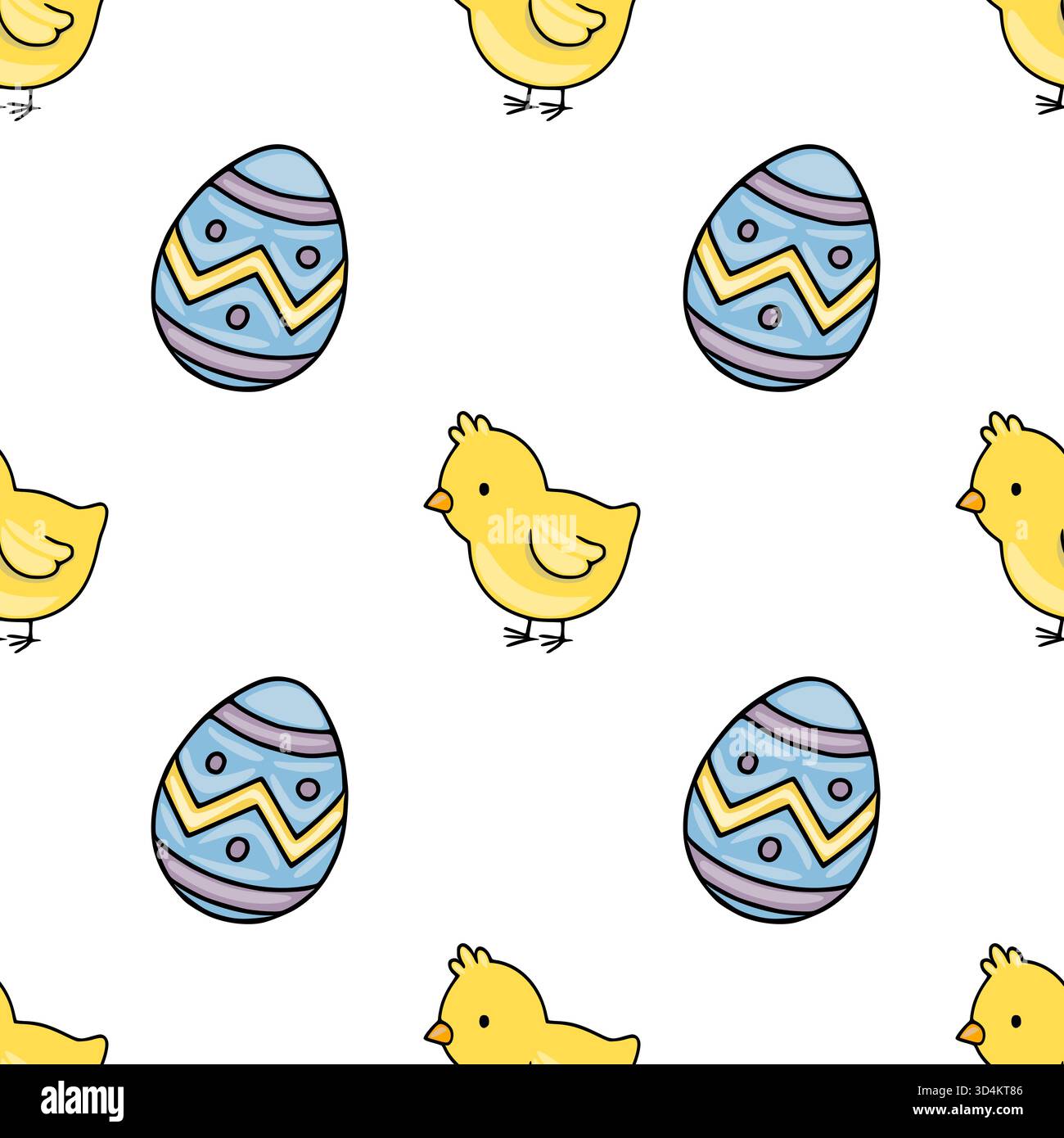 Seamless vector pattern featuring adorable yellow chicks and blue patterned Easter eggs, perfect for festive backgrounds and springtime designs. Stock Vector
