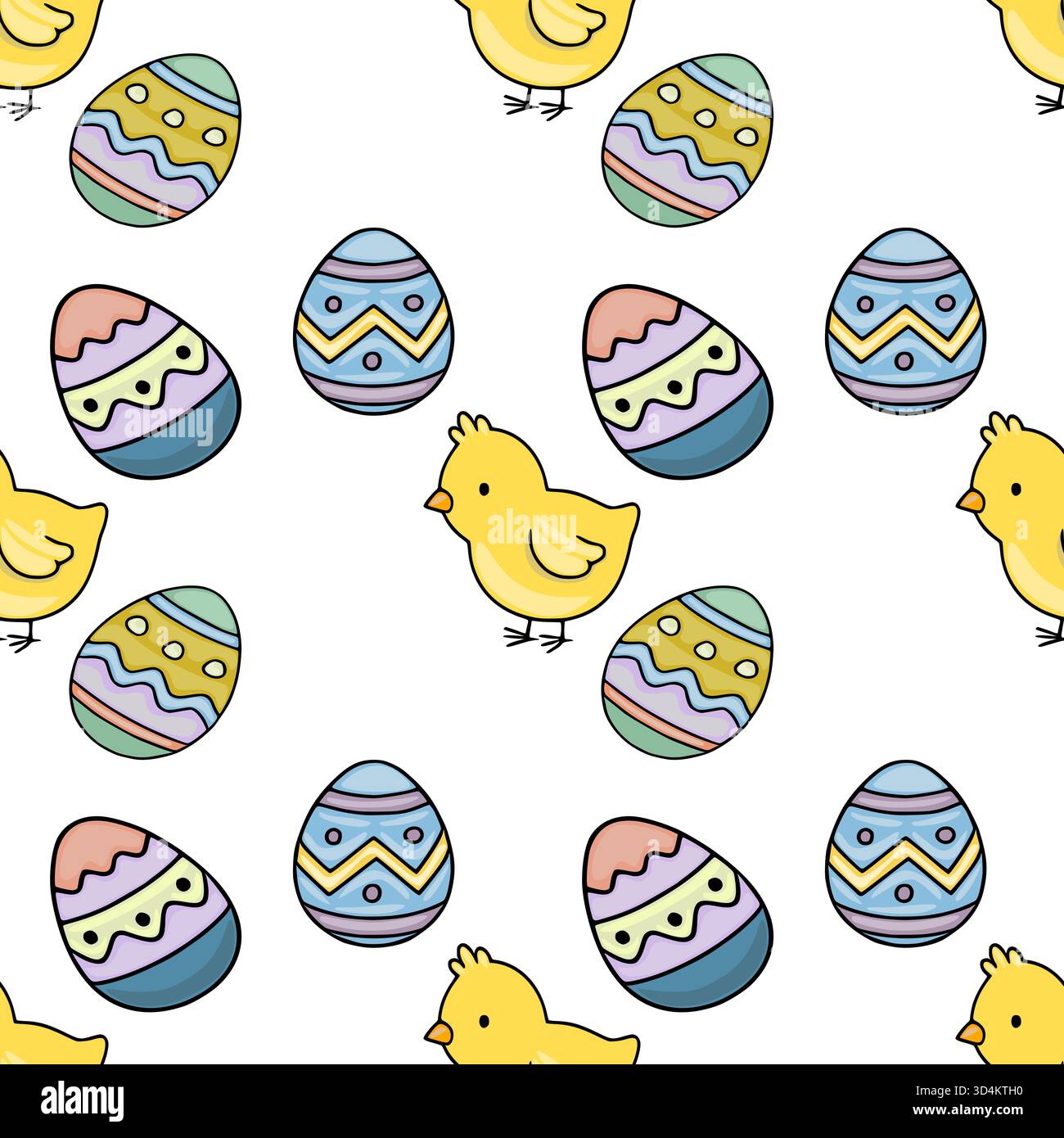 A seamless vector pattern featuring adorable yellow chicks and vibrantly decorated Easter eggs with playful wavy designs. Stock Vector