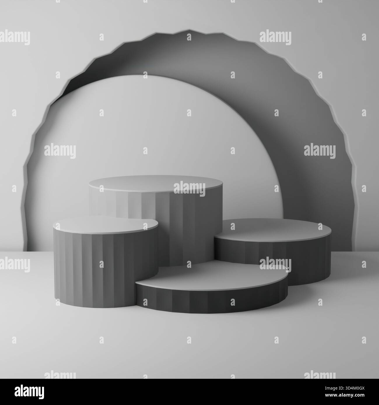 a static display of four gray cylindrical podiums and a large curved ...