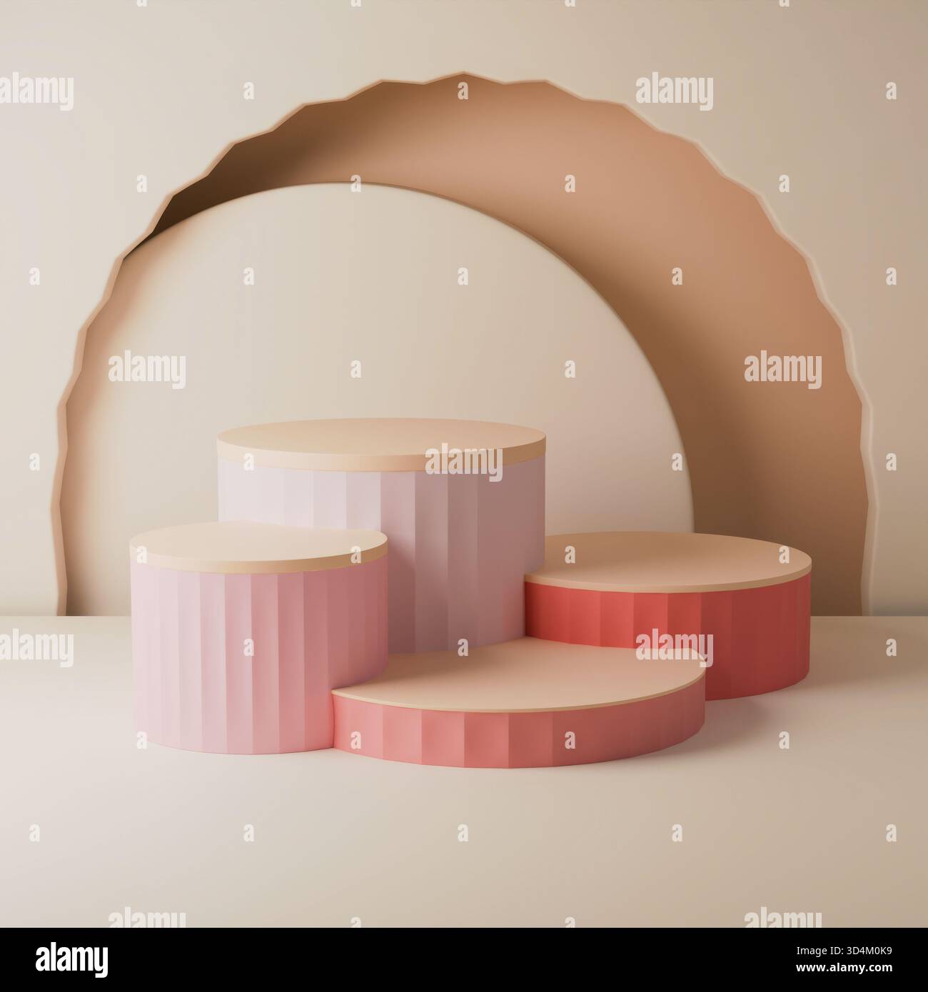 a static display of four pink cylindrical podiums and a large curved ...