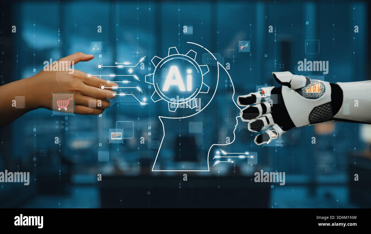 This image showcases the interaction between a human hand and a robotic hand, symbolizing the collaboration between artificial intelligence and human Stock Photo