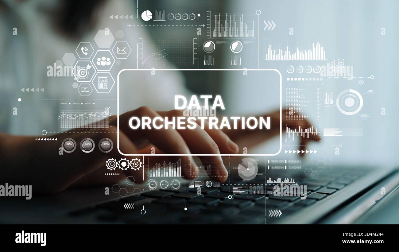 Hands Typing on Keyboard with Data Orchestration Graphics and Visualizations Illustrating Modern Technology Concepts. Asymptotic smart data analytic. Stock Photo