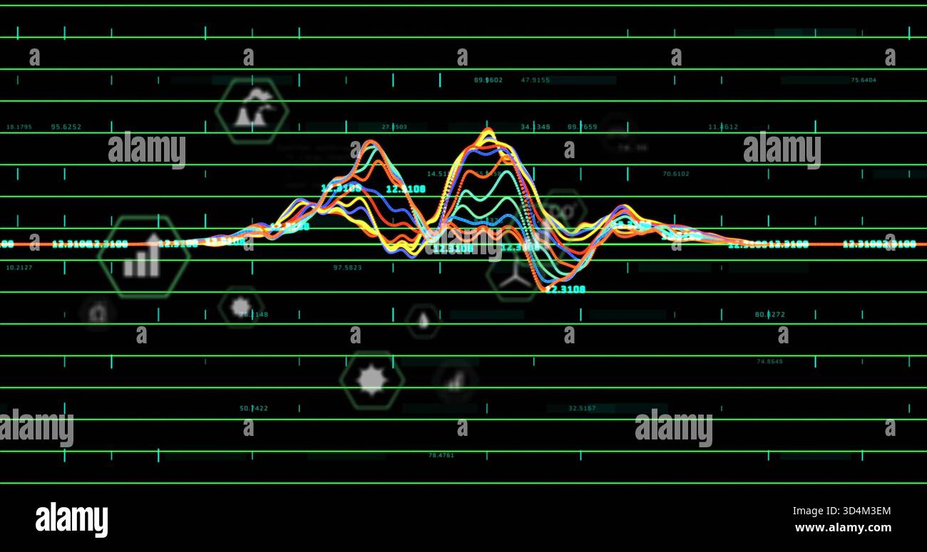 Displaying centered multicolor waveform on virtual dashboard with teal grid numeric ticks hex icons Stock Photo