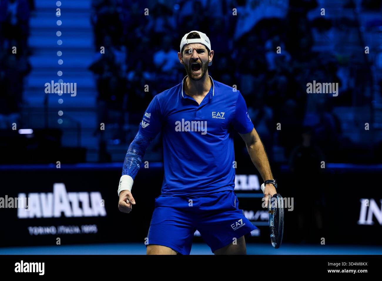 Andrea Vavassori of Italy celebrates the victory at the end of his round robin doubles match with Simone Bolelli of Italy against Marcel Granollers of Spain and Horacio Zeballos of Argentina during day three of the Nitto ATP Finals 2025. Simone Bolelli and Andrea Vavassori won 7-6(4), 6-4. Stock Photo