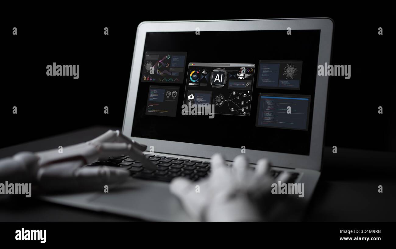 A generative AI assistant displays its own development environment. This platform shows the tools used for coding algorithms, training machine Stock Photo