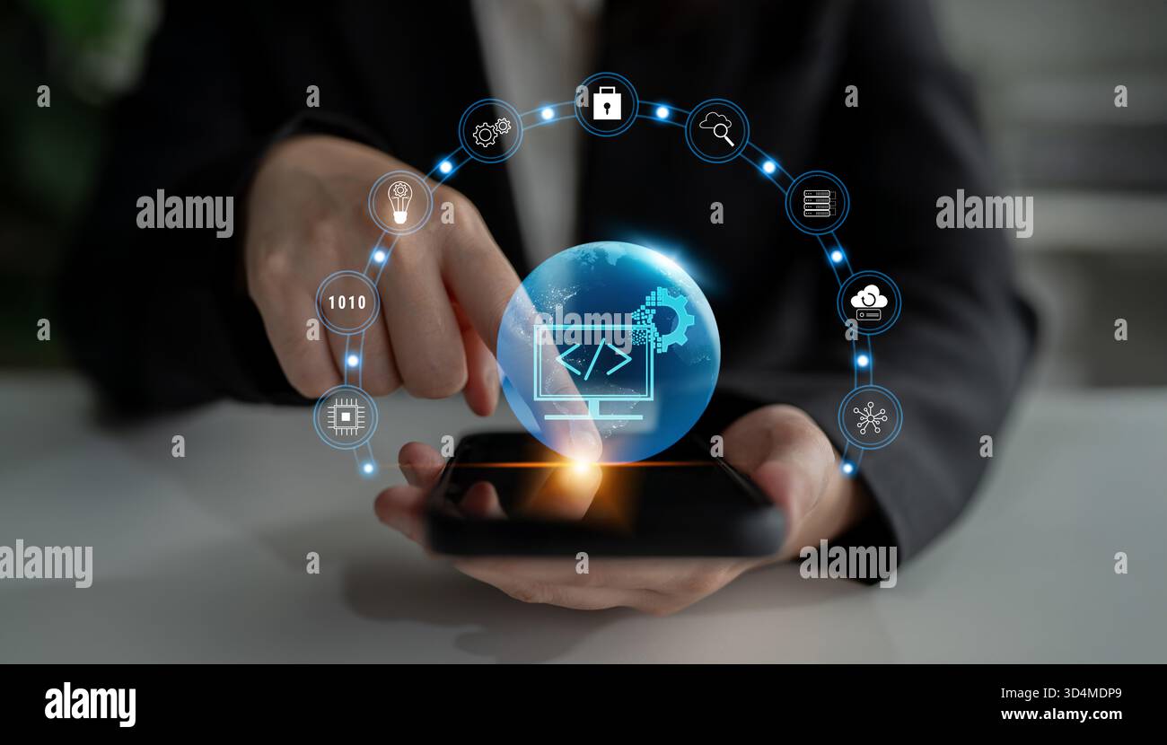 Global software development and coding solutions. Empowering businesses with custom application development and technology innovation. Motif Stock Photo