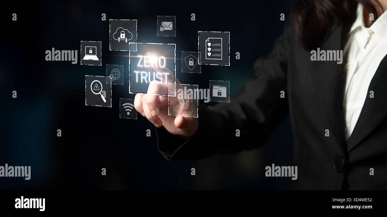 Zero trust model enhances data protection. Zero trust blocks unauthorized access, secures devices, zero trust defends networks, and zero trust Stock Photo