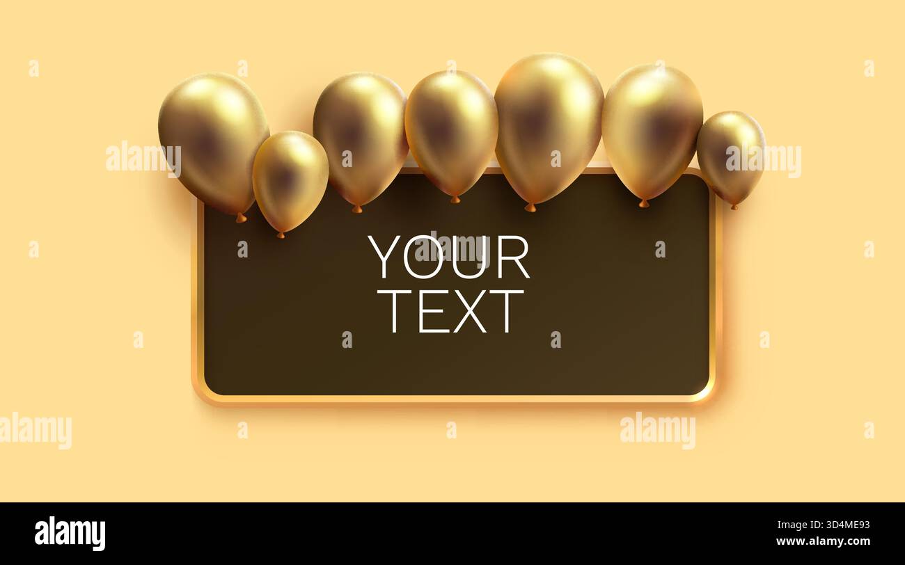 Golden Balloons with Blank Rectangular Frame. Elegant backdrop for text, celebration, or promotion. Vector illustration Stock Vector