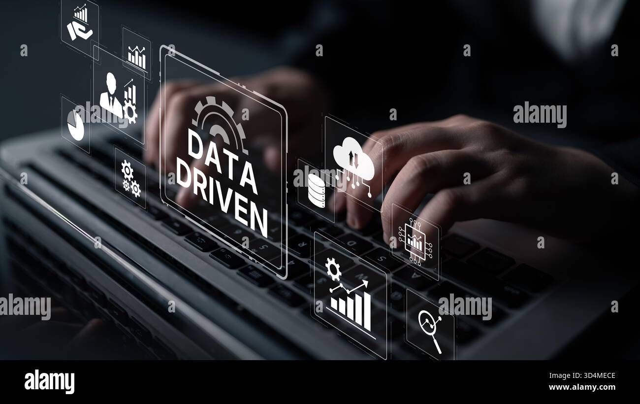 Data-driven decision-making empowers business through analytics, datum collection, and AI systems. Data driven tools support cloud data processing and Stock Photo