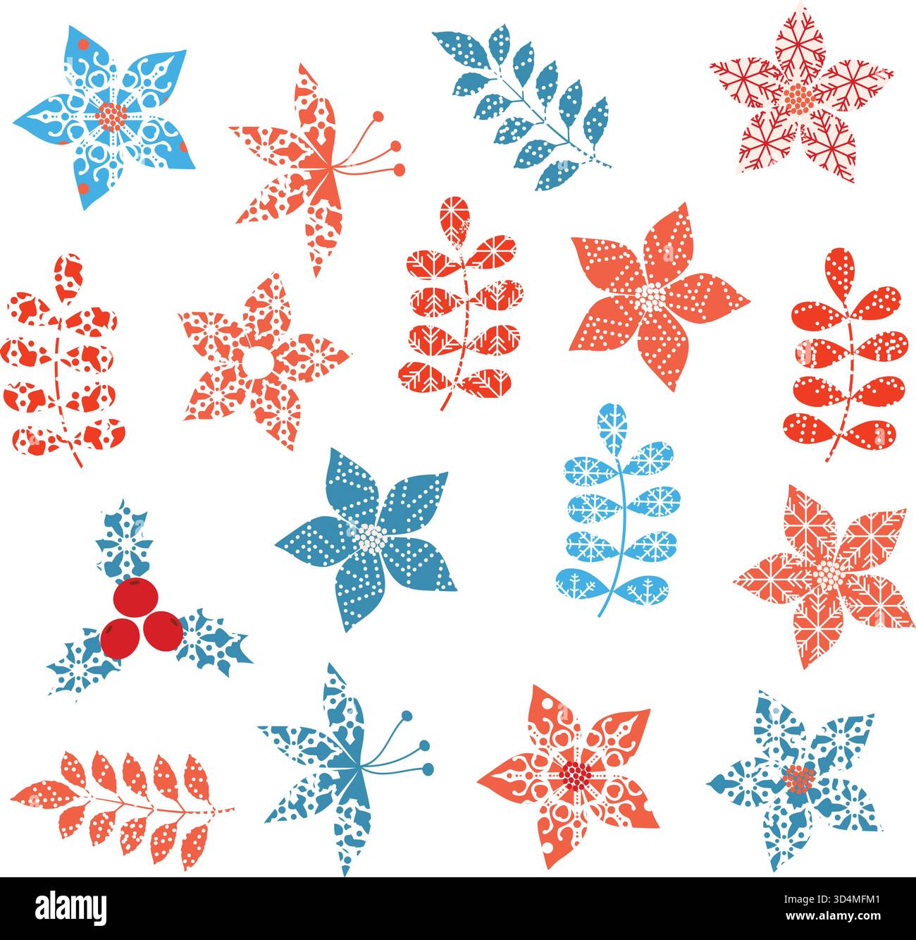 Winter and Christmas stylized decorative leaf designs with snowflake texture Stock Vector