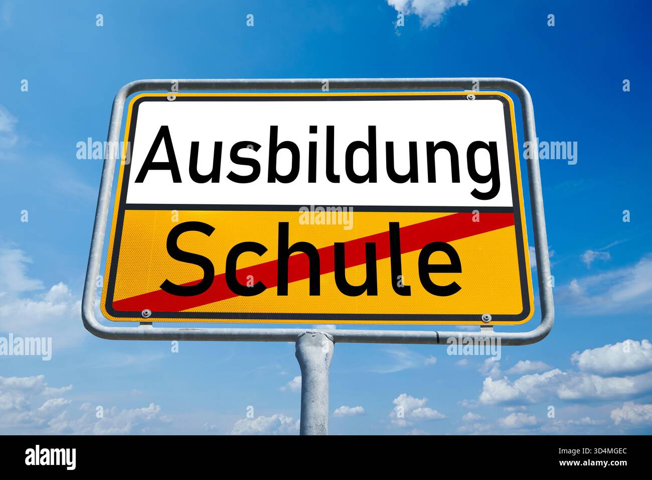 Symbolic town sign with the words Ausbildung (German for: Training) and Schule (German for: School), with Schule crossed out. Depicting the transition Stock Photo