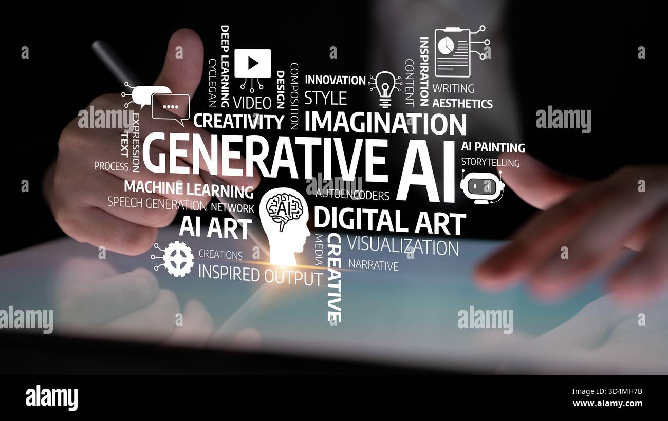 Close-up of hands interacting with a digital tablet displaying concepts of generative AI, emphasizing creativity and innovation in technology and Stock Photo