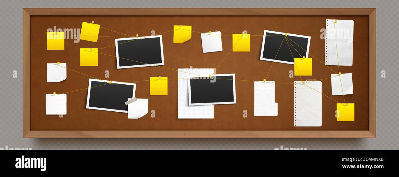 Detective evidence board with photos and papers. Vector realistic ...