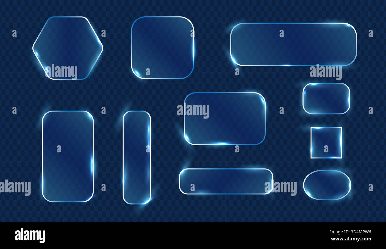 Glassmorphism shapes collection with glowing neon light Stock Vector