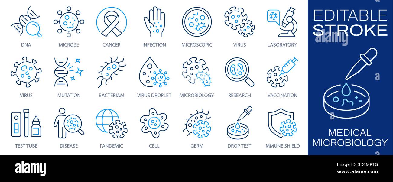 Medical microbiology line icons set, infection research concept ...