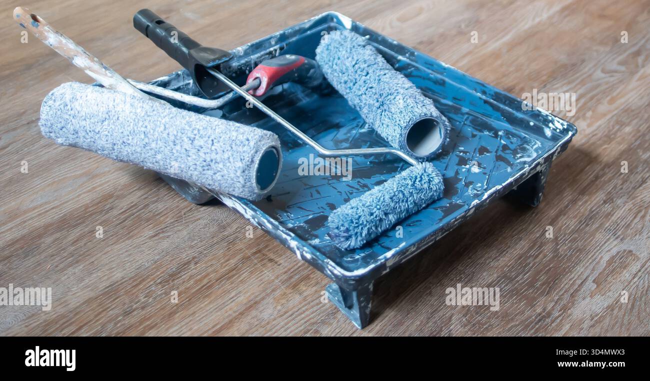 Painting Rollers Brushes and Tray ready for the Next Time Stock Photo