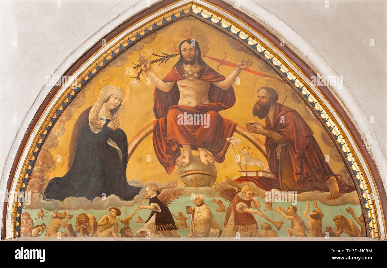 SALZBURG, AUSTIRA - SEPTEMBER 7, 2025: The painting of Jesus as the Judge (Last Judgenent - Jüngstes Gericht) in the church of Benedictine Abbey Stock Photo