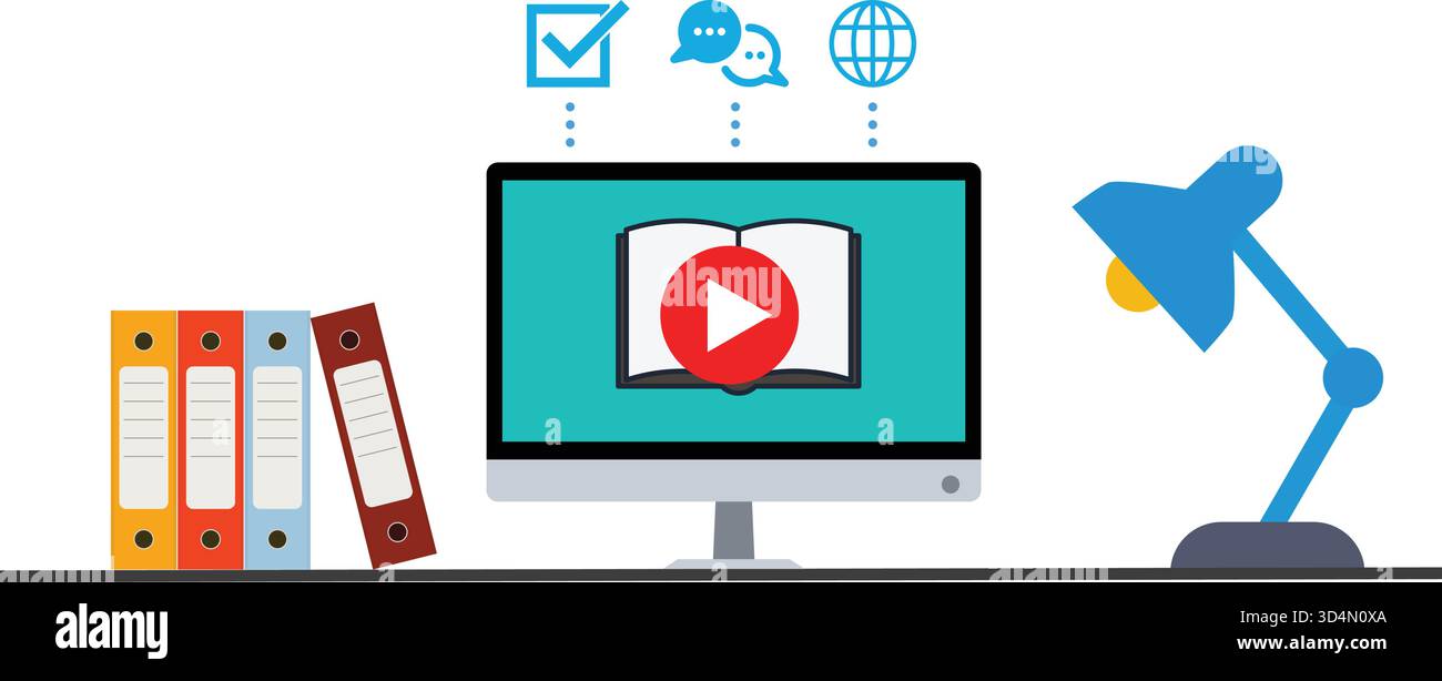 E-learning concept illustration: monitor with a video lesson, study ...