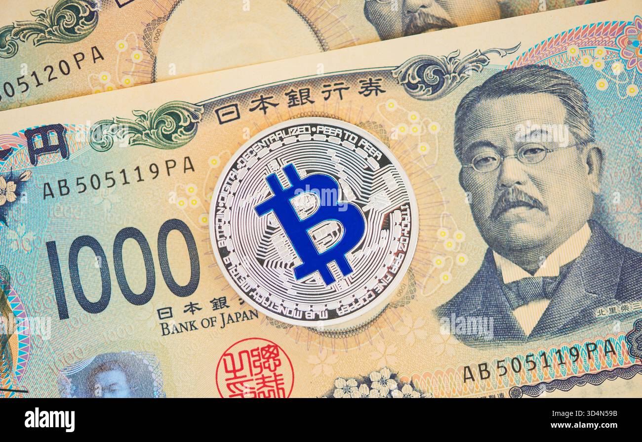 Bitcoin on banknote Stock Photo