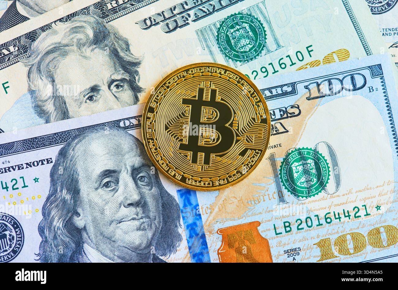 Bitcoin on banknote Stock Photo