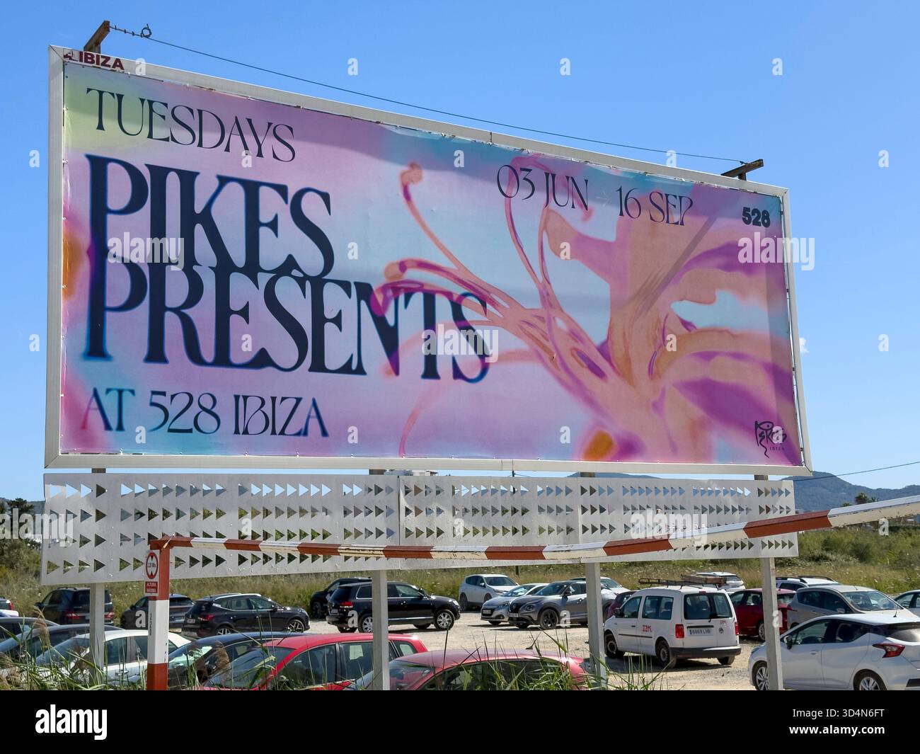Pikes Presents Signage Welcoming Visitors to Ibiza’s Iconic Party Venue - Smartphone Captured Stock Image