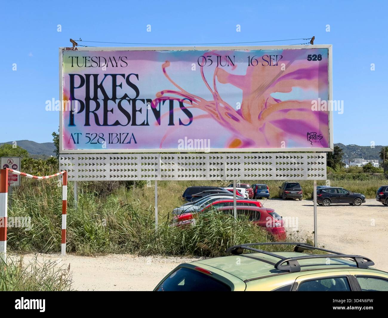 Pikes Presents Signage Welcoming Visitors to Ibiza’s Iconic Party Venue - Smartphone Captured Stock Image