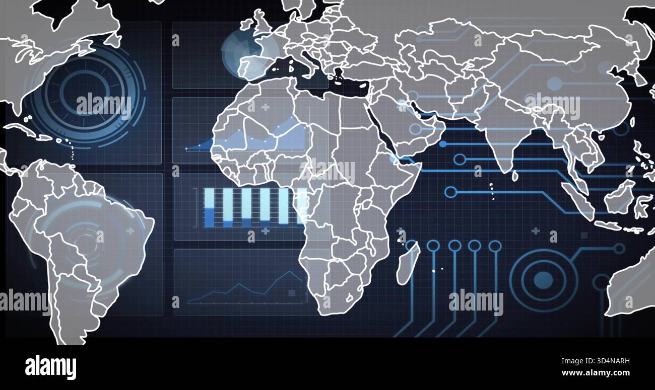 Displaying stylized map with continental outlines overlaying data on dark grid console, with HUDs Stock Photo