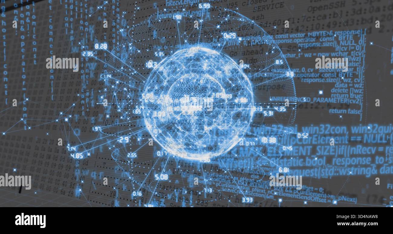 Projecting holographic data globe floating in virtual 3D space, showing glowing nodes and code Stock Photo
