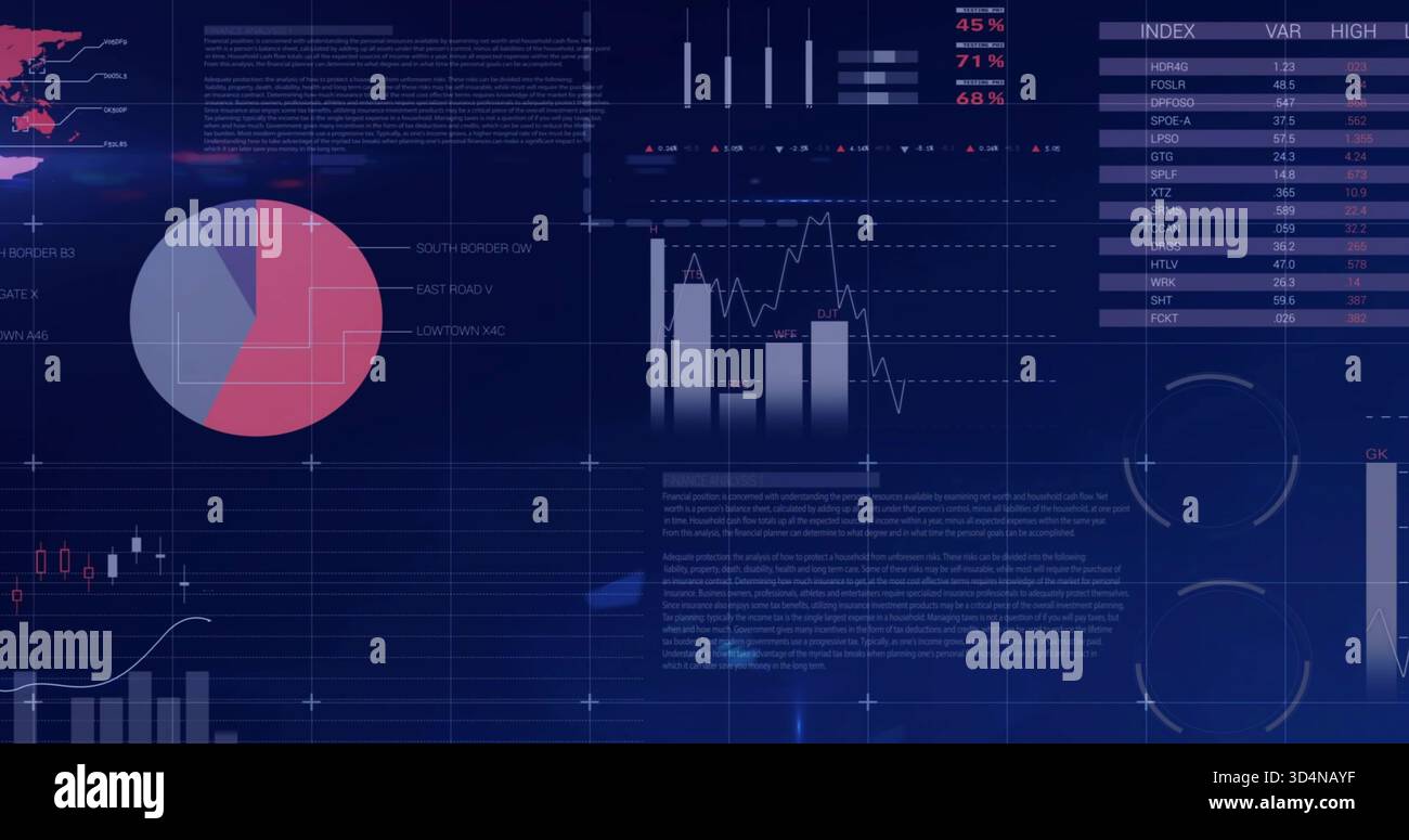 Displaying analytics dashboard showing pie chart and column chart with line overlay on navy screen Stock Photo