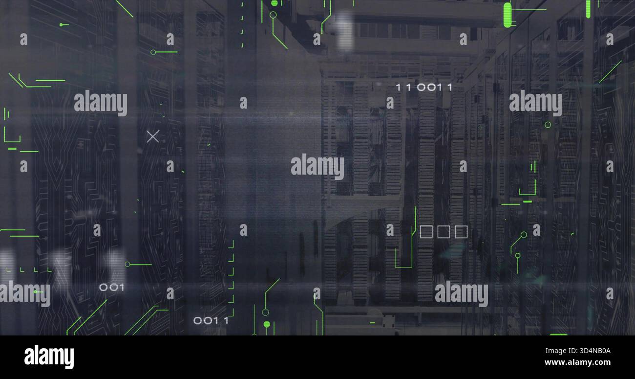 Displaying central server racks streaming data inside datacenter, with LED lights and HUD overlay Stock Photo