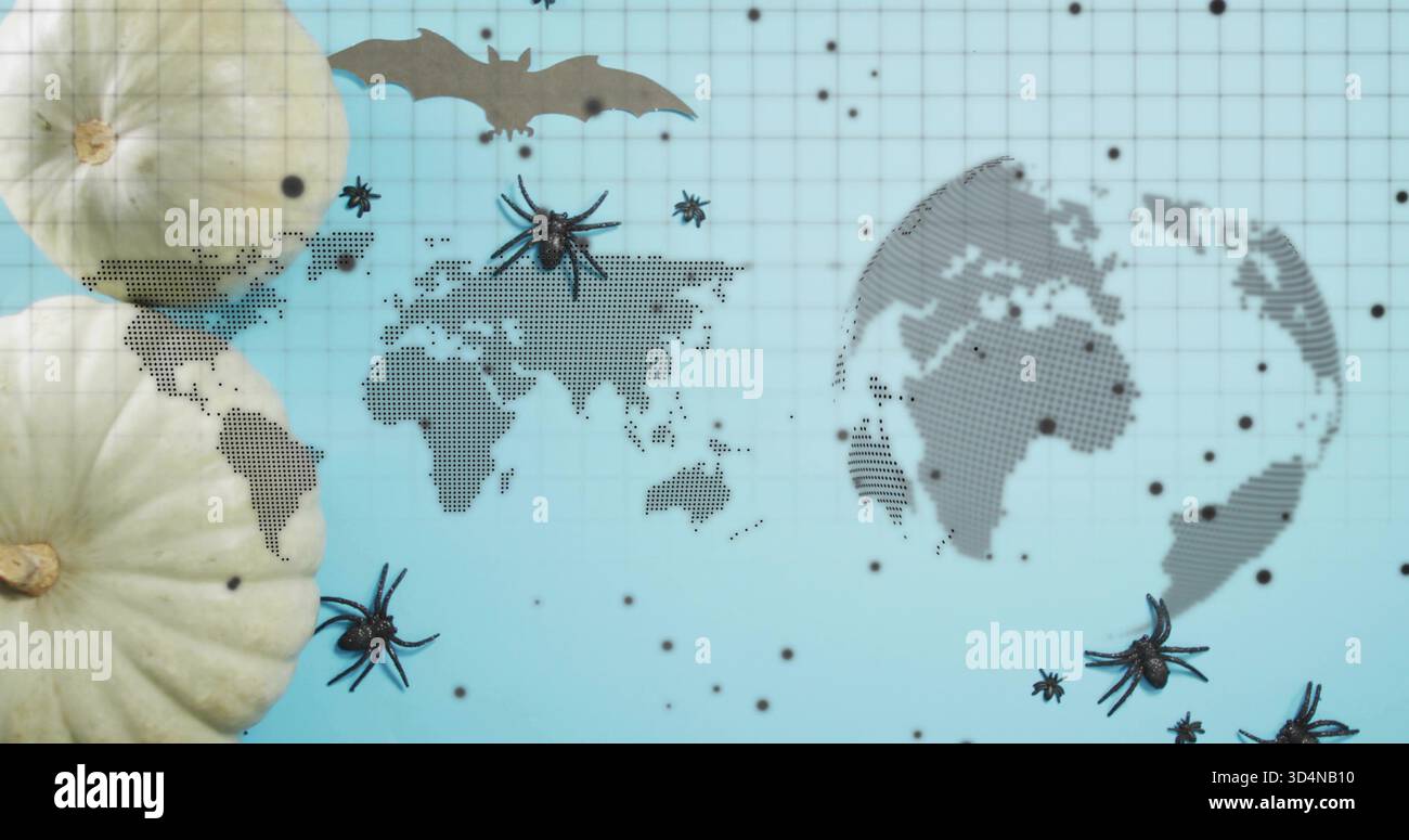 Featuring halftone map, dotted globe on grid sheet with two white pumpkins, black spiders, bat Stock Photo