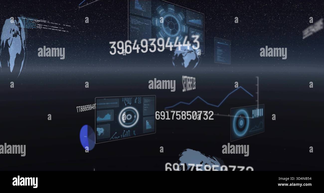 Displaying holographic panels and large numeric strings in virtual data space, showing circular HUD Stock Photo
