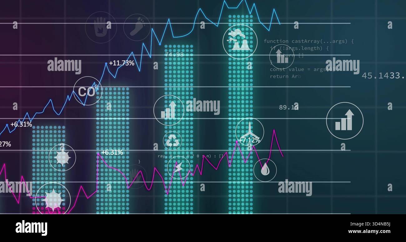 Displaying centered analytics dashboard on dark screen with cyan bars, trend lines, circular icons Stock Photo