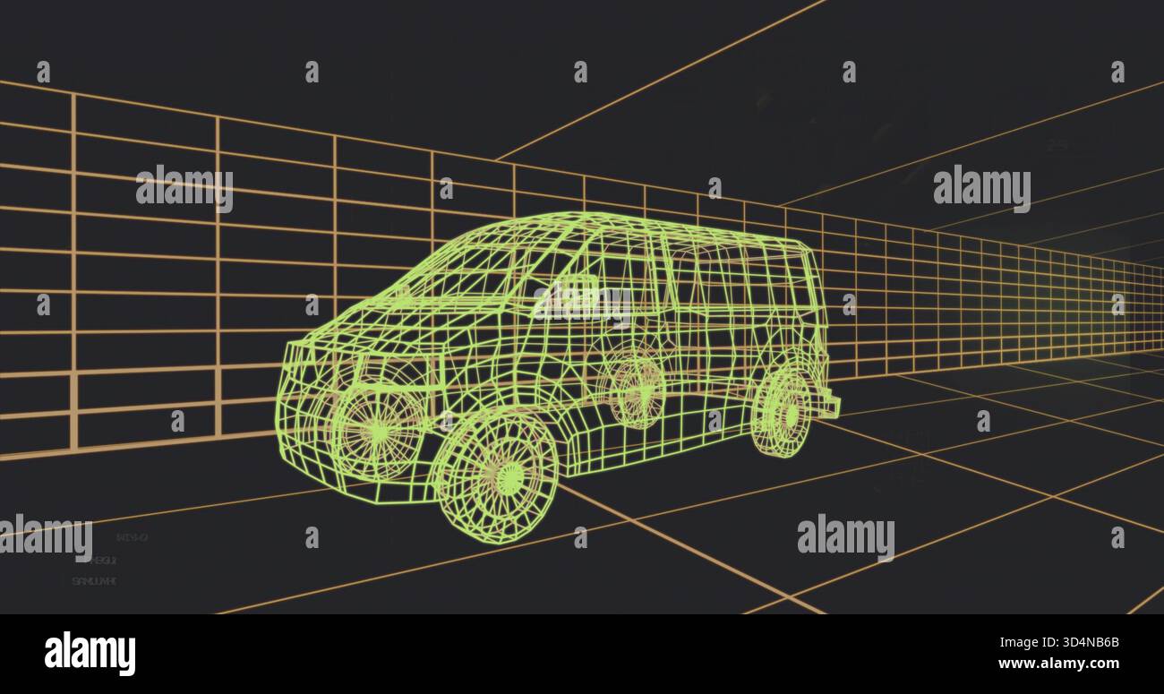 Rendering neon green wireframe van rotating in virtual 3D modeling studio, with orange grid Stock Photo