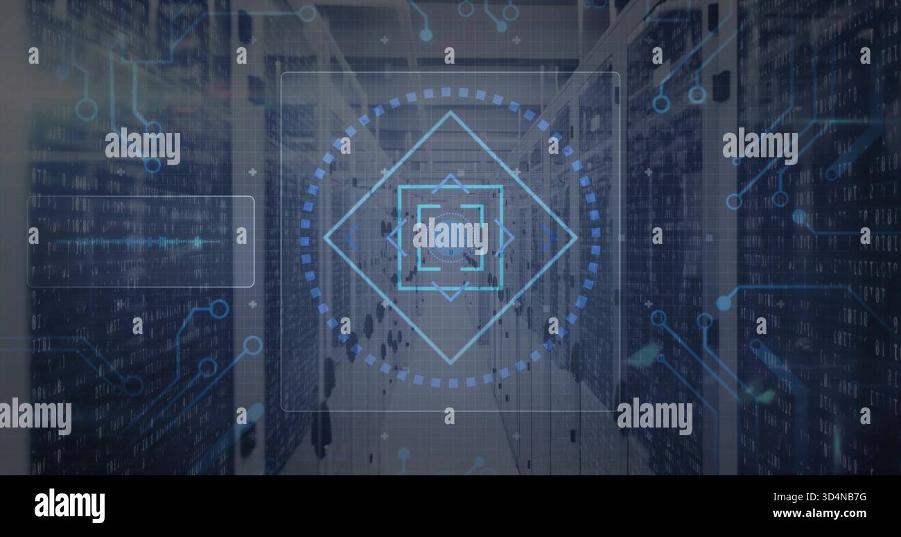 Projecting HUD target floating over datacenter aisle, showing server racks, LEDs Stock Photo